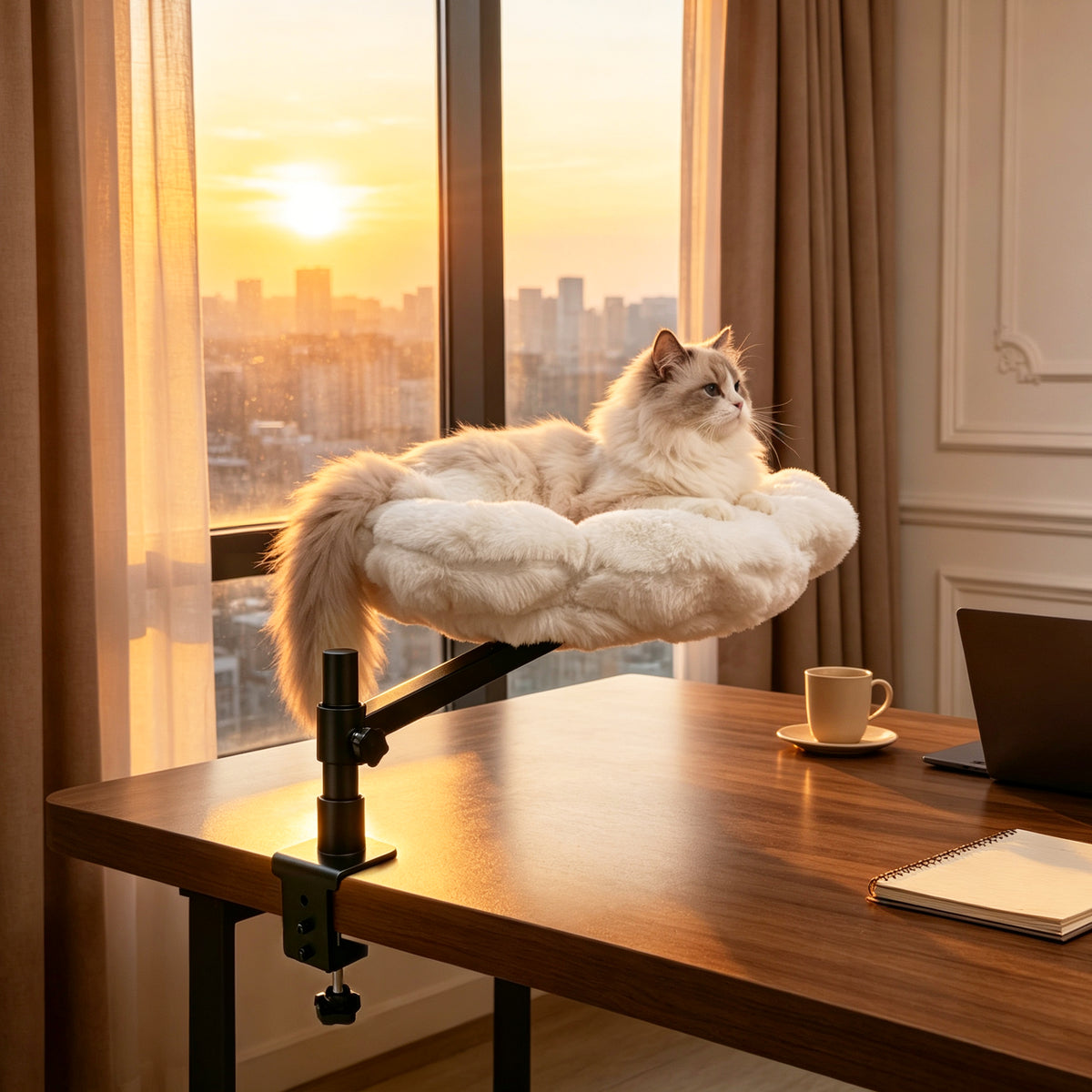 Cat Desk Bed: Elevated Desk Mount Cat Bed with Clamp-on, 360°&nbsp;Rotating &amp; Height Adjustable Support Clamp, Padded Soft Flower Shaped Nest Bed for Kittens