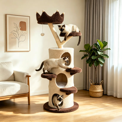 Modern Cat Tree with Cream & Brown Design, Large Cat Tree Multi-Level Tower, Cat Tree for Multiple Cats, Spacious Tree Trunk Cat Condo, Pet Furniture Gift