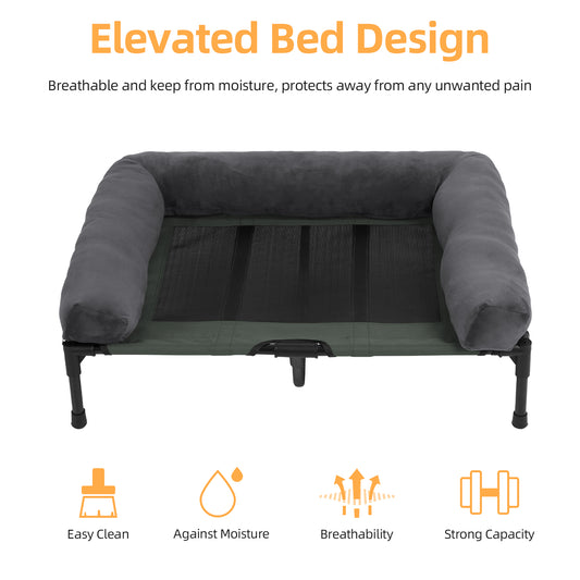 Elevated Dog Bed with Detachable Plush Bolster Outdoor Summer Cooling Raised Dogs Pet Lounger Bed Mesh Cot Bedding