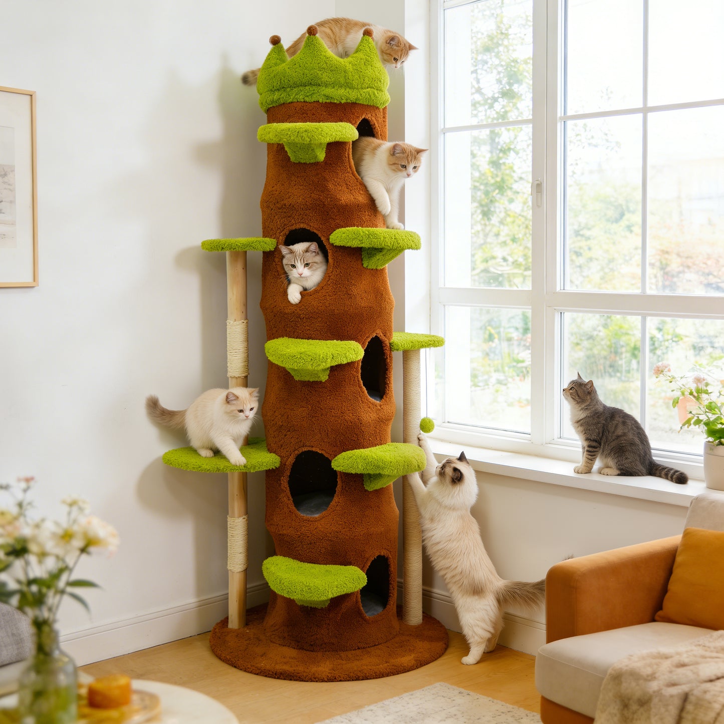 Large Cat Tree 73 Inch Modern Tall Cat Tree Tower, Tree Trunk Cat Condo with Multi-Level Platforms, Wooden Cat Tree for Indoor Multiple Cats and Kittens