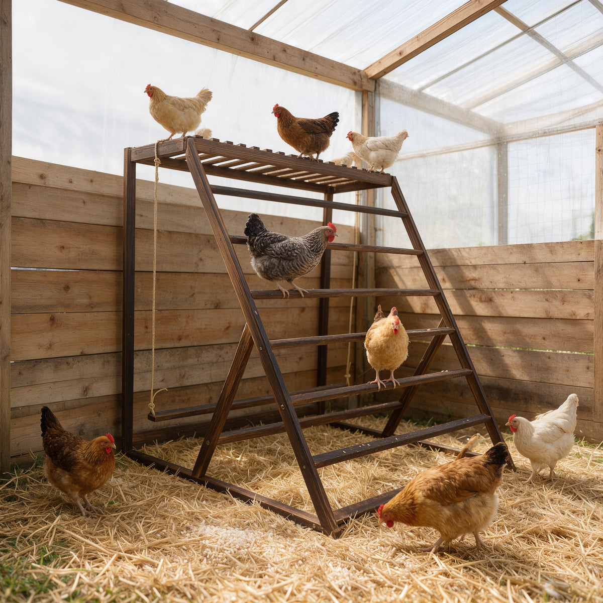 Chicken Playground with Top Platform, Wooden Roosting Bar for Poultry, 36 in Tall Jungle Gym with Balance Swing, Sanded Pine Perches for Backyard Farm Coop
