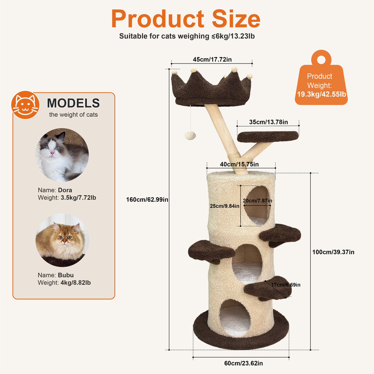 Modern Cat Tree with Cream & Brown Design, Large Cat Tree Multi-Level Tower, Cat Tree for Multiple Cats, Spacious Tree Trunk Cat Condo, Pet Furniture Gift