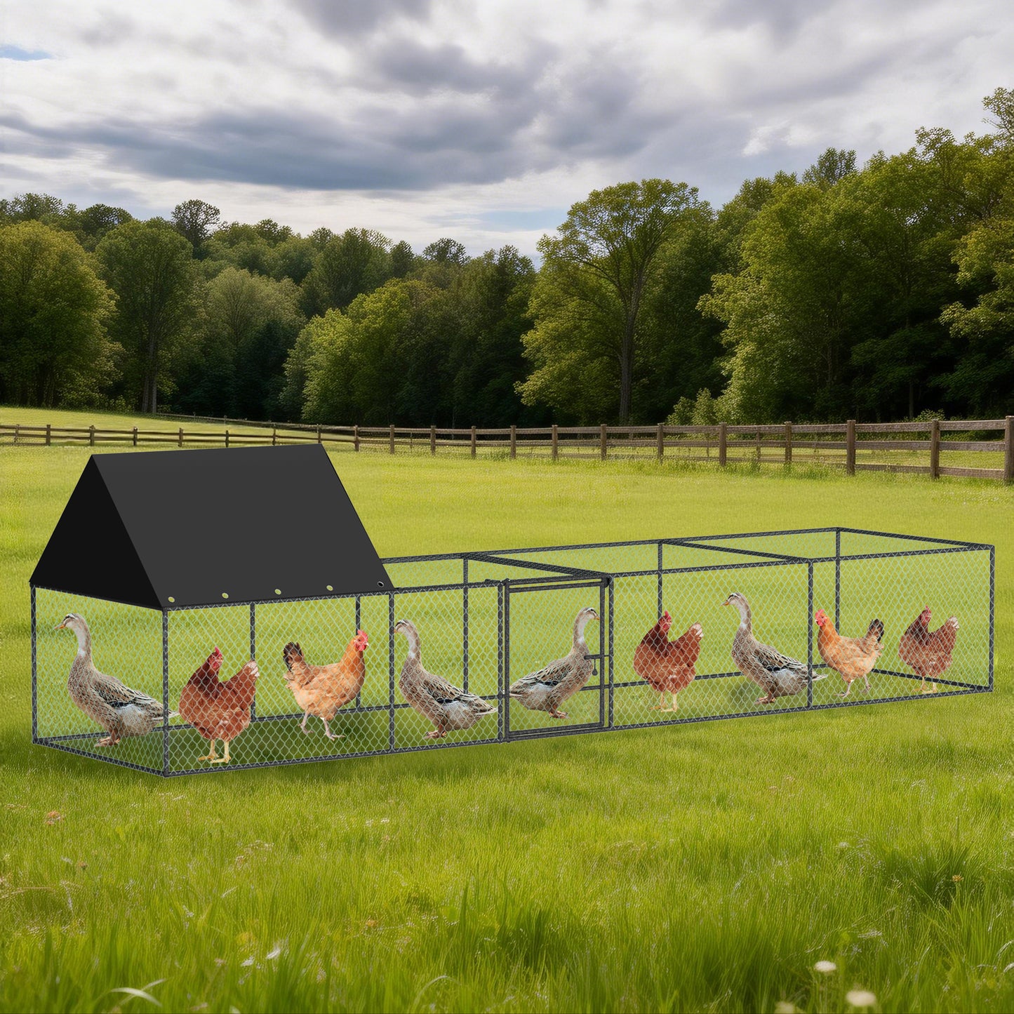 Metal Chicken Coop Outdoor Walk-In Hen House, Small Chicken Cage with Roof Cover, Heavy Duty Poultry Run Pen for Ducks and Quails