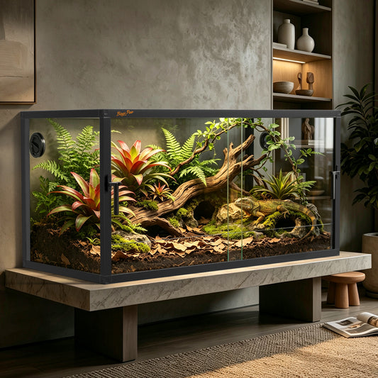 Glass Reptile Tank with Front Opening Doors, Large Stackable Reptile Enclosure for Bearded Dragons, Leak-proof Base and Top Mesh Cover