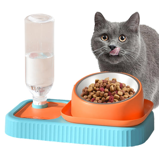 3 in 1 Pet Bowl: Stainless Steel Raised Cat Pet Food Bowls with Water Dispenser Slow Feeding Bowl for Cats Puppy Small Dogs