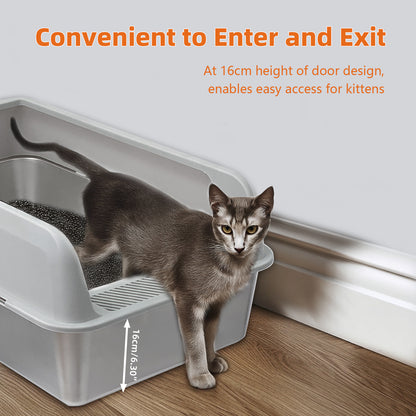 Stainless Steel Cat Litter Box High Sided Pan with Spoon for Cats, Easy to Clean