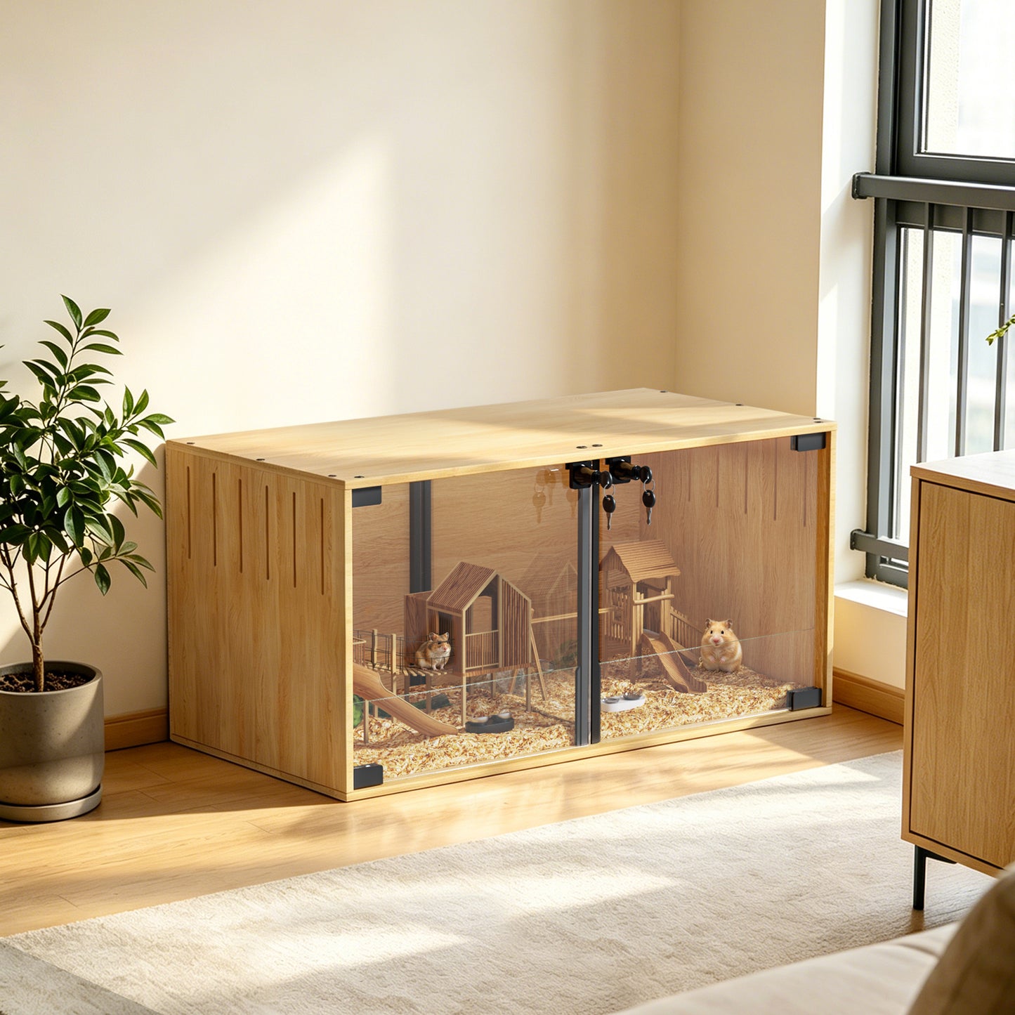 Wooden Pet Cage: Natural Wooden Hamster Guinea Pigs Cage Hedgehogs Enclosure with Tempered Glass Panels, Built-in LED Light, for Small Pets