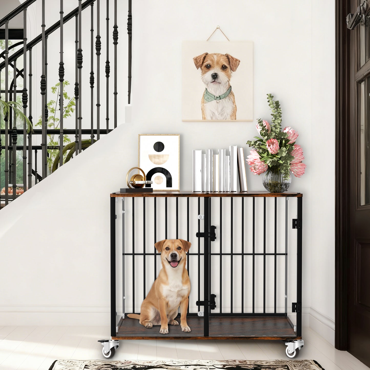 2025 Dog Crate Furniture: Self-Innovative Furniture Style Tempered Glass Dog Cage w/ Side Table Iron Ventilated Bars, Anti-bite Pet Kennel Indoor