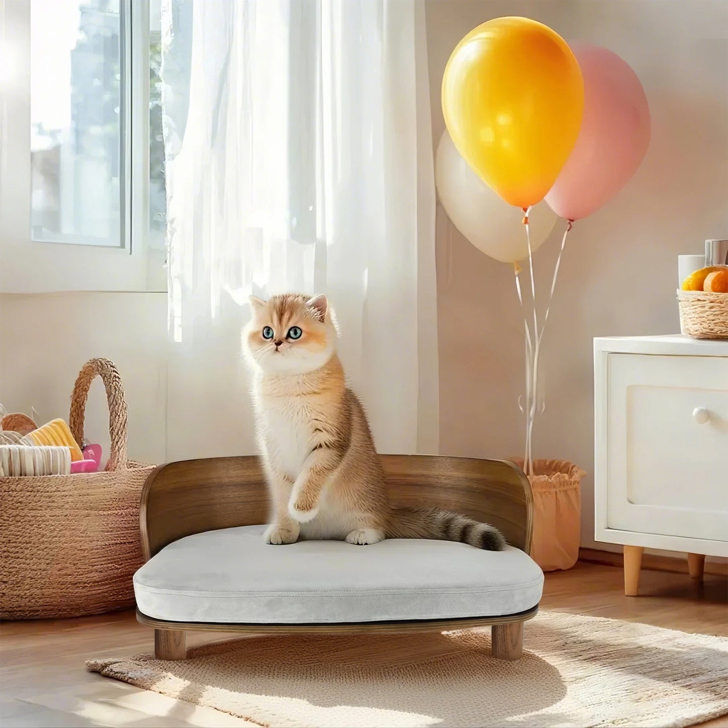 Wooden Cat Furniture Elevated Pet Stool Bed with Cozy Pad for Indoor Animals