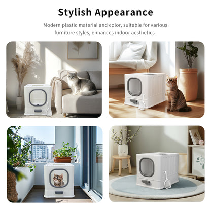 Large Cat Litter Box with Lid, Enclosed Drawer Type Litter Box with Scoop for Cat, Plastic Easy to Clean Cat Toilet 15x20 Inch