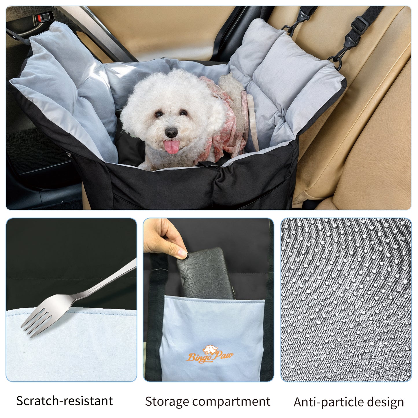 Puppy Travel Carrier Bed: Dog Booster Car Seat Pet Travel Carrier Bed with Safety Belt, Storage Pocket for Vehicles, Shoulder Strap/ Handle