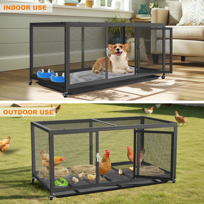 Metal Chicken Cage with Wheels, Elevated Indoor Chicken Cage, Heavy Duty Movable Iron Chicken Coop for Balcony, Patio, Small Pet Chickens and Quail