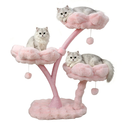 Indoor Cat Tower Tree Modern Pink Vertical Cat Tree Activity Center for Cats, Compact Multi-Level Cat Tree Furniture with Cushioned Flower Platforms, Scratching Trunk