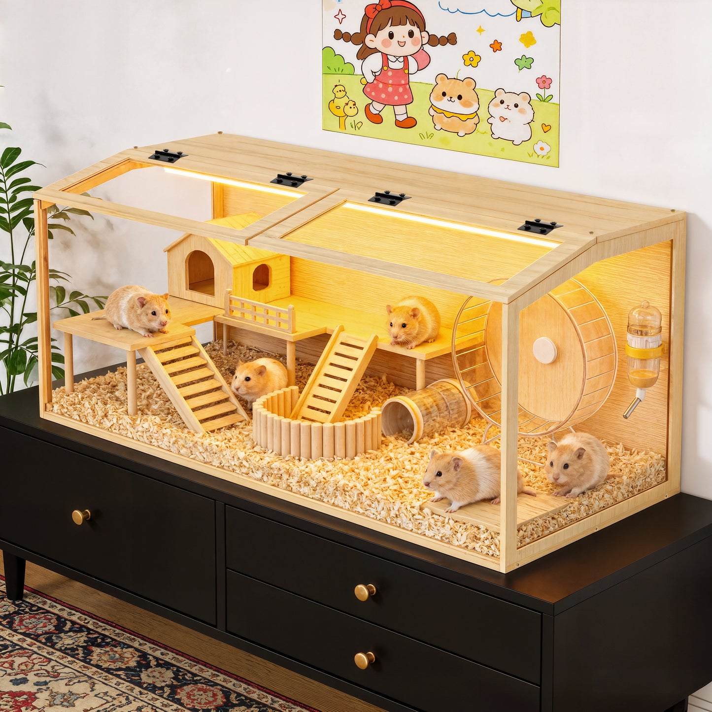 Tempered Glass Hamster Cage with LED Light, 40" Clear Small Animal Enclosure, Modern Wood Frame, Scratch Resistant, Deep Base for Burrowing