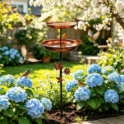 2 Tier Outdoor Bird Bath and Feeder, Decorative Standing Bird Bath for Outside Yard, Heavy Duty Garden Bird Feeder Station, Aged Bronze