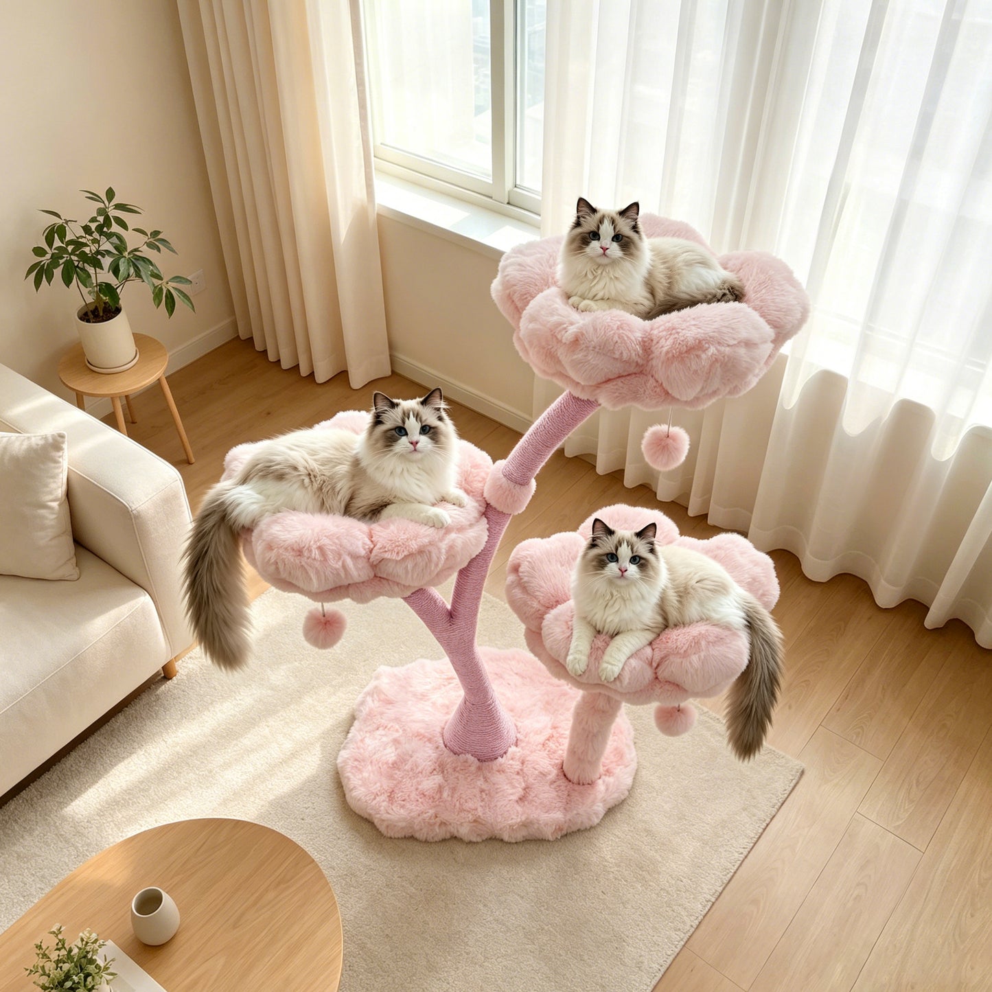 Indoor Cat Tower Tree Modern Pink Vertical Cat Tree Activity Center for Cats, Compact Multi-Level Cat Tree Furniture with Cushioned Flower Platforms, Scratching Trunk