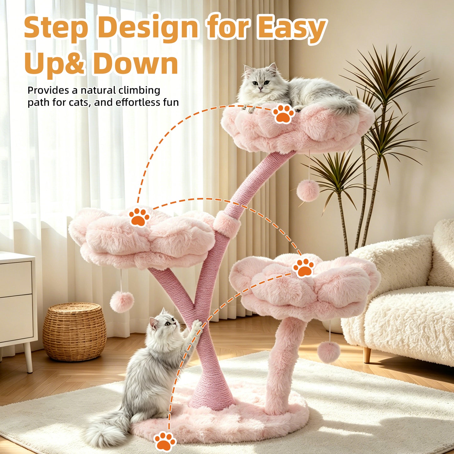 Indoor Cat Tower Tree Modern Pink Vertical Cat Tree Activity Center for Cats, Compact Multi-Level Cat Tree Furniture with Cushioned Flower Platforms, Scratching Trunk