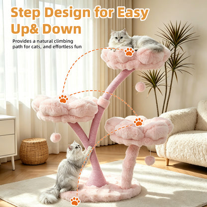 Indoor Cat Tower Tree Modern Pink Vertical Cat Tree Activity Center for Cats, Compact Multi-Level Cat Tree Furniture with Cushioned Flower Platforms, Scratching Trunk