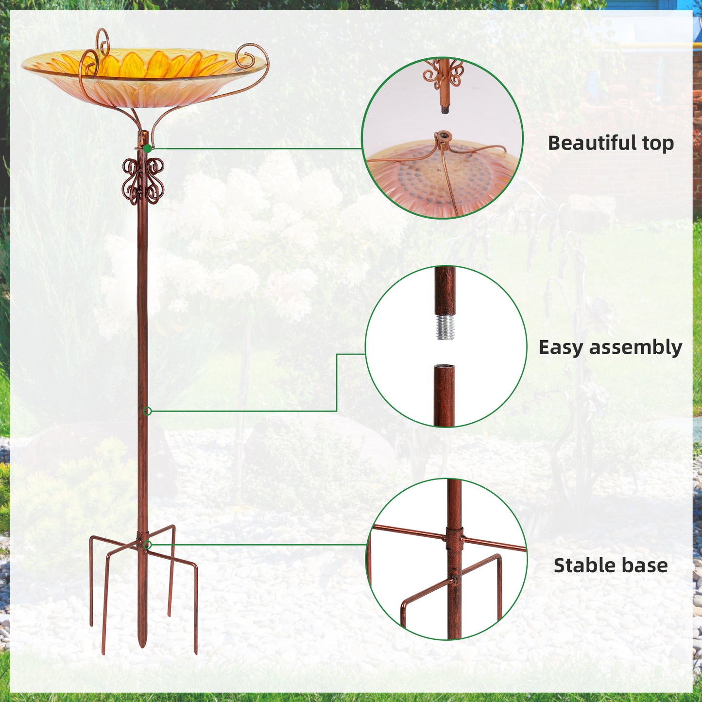 24.8” Tall Garden Glass Bird Bath Bird Feeder with Metal Stake Birdbaths Fountain