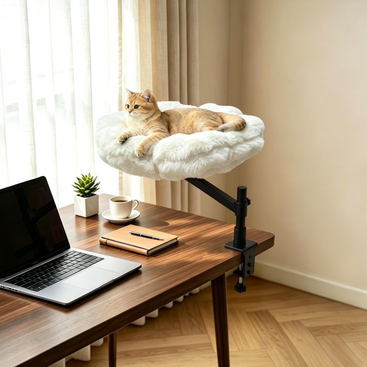 Cat Desk Bed: Elevated Desk Mount Cat Bed with Clamp-on, 360°&nbsp;Rotating &amp; Height Adjustable Support Clamp, Padded Soft Flower Shaped Nest Bed for Kittens