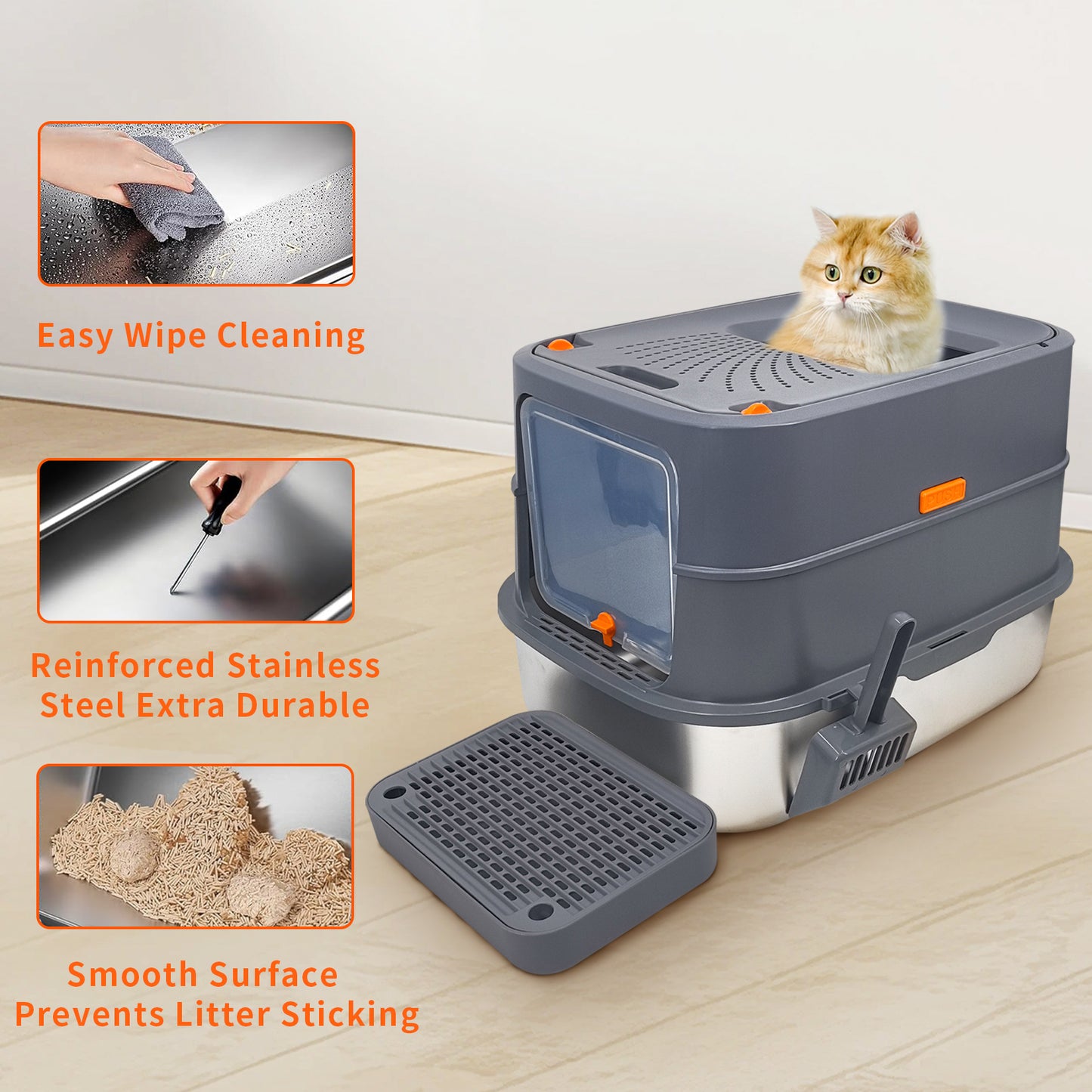 Cat Litter Box: Enclosed Cat Kitty Litter Box with Stainless Steel Tray Pan, Front Top Exit Toilet Boxes with Removable Lid, Non Stick, No Smell, Scoop Included