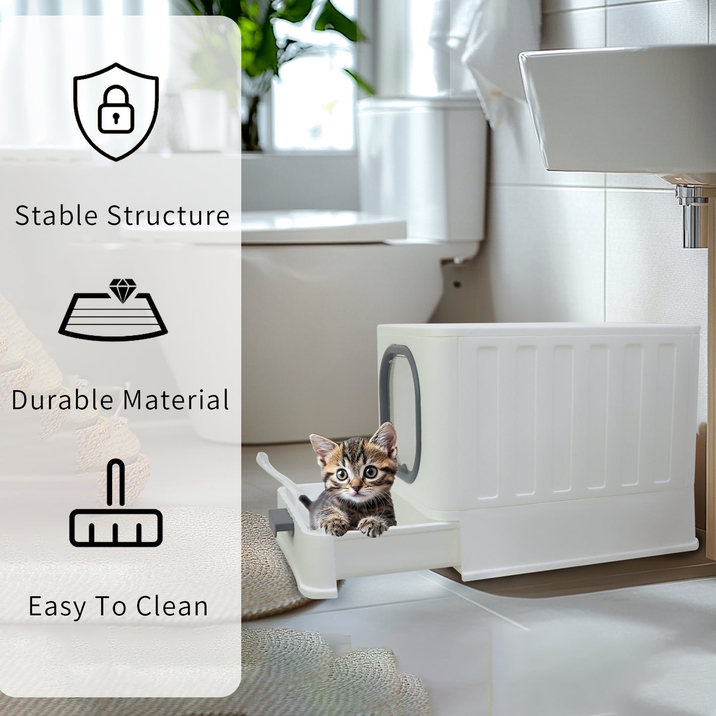 Large Cat Litter Box with Lid, Enclosed Drawer Type Litter Box with Scoop for Cat, Plastic Easy to Clean Cat Toilet 15x20 Inch