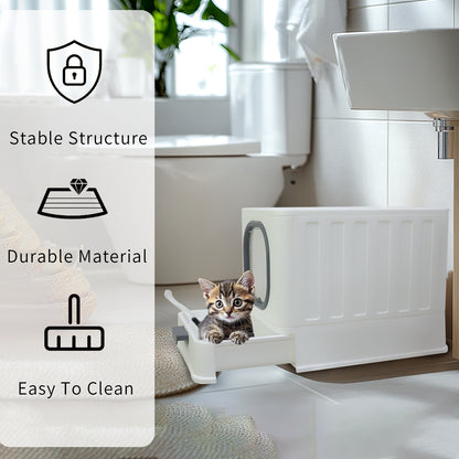Large Cat Litter Box with Lid, Enclosed Drawer Type Litter Box with Scoop for Cat, Plastic Easy to Clean Cat Toilet 15x20 Inch