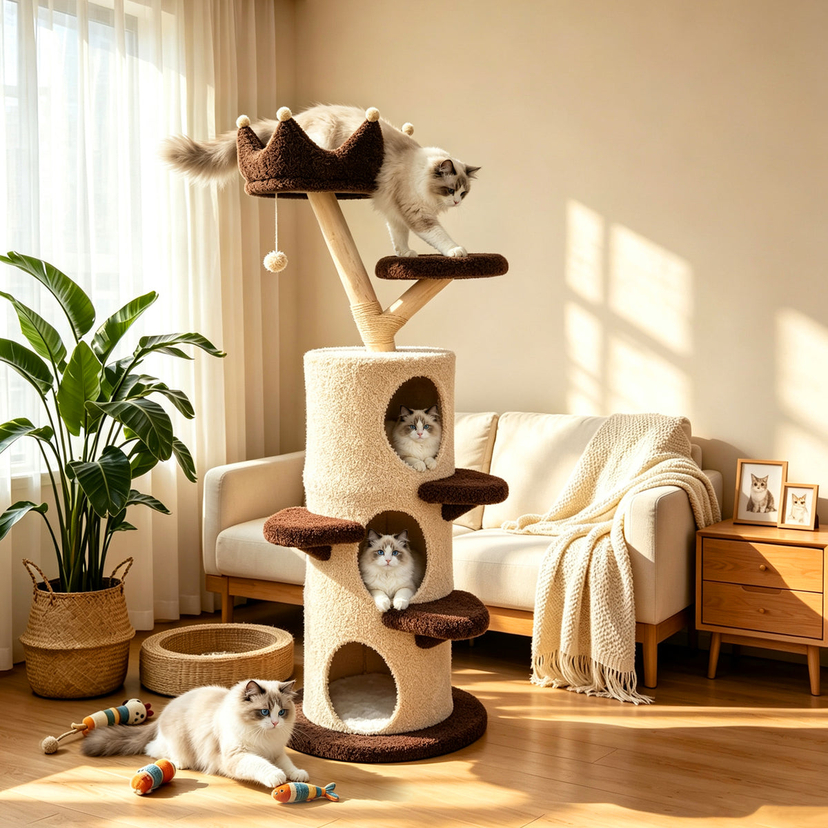 Modern Cat Tree with Cream & Brown Design, Large Cat Tree Multi-Level Tower, Cat Tree for Multiple Cats, Spacious Tree Trunk Cat Condo, Pet Furniture Gift