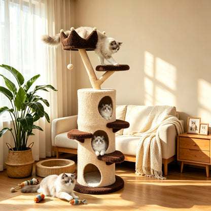 Modern Cat Tree with Cream & Brown Design, Large Cat Tree Multi-Level Tower, Cat Tree for Multiple Cats, Spacious Tree Trunk Cat Condo, Pet Furniture Gift
