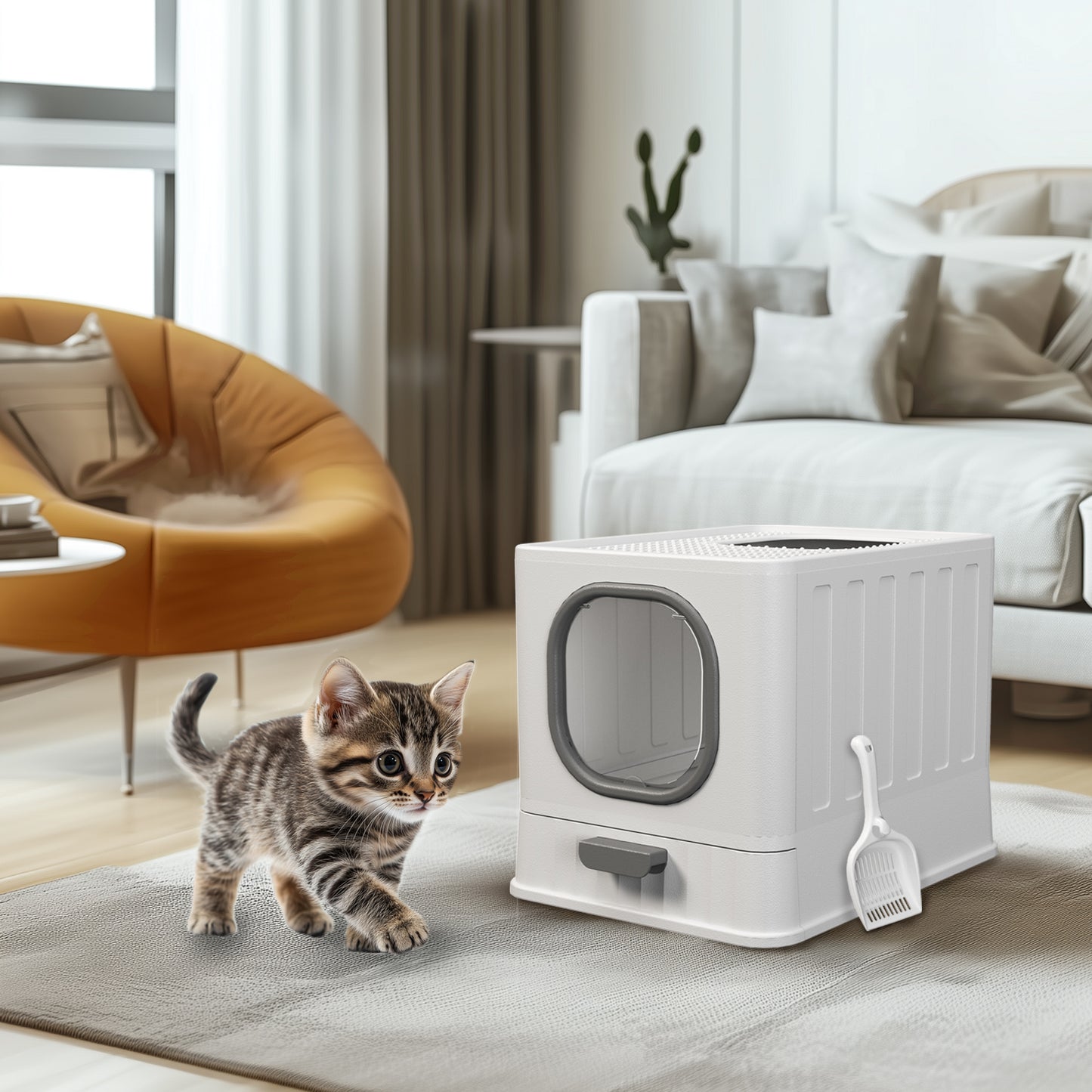 Large Cat Litter Box with Lid, Enclosed Drawer Type Litter Box with Scoop for Cat, Plastic Easy to Clean Cat Toilet 15x20 Inch