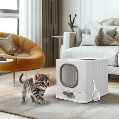 Large Cat Litter Box with Lid, Enclosed Drawer Type Litter Box with Scoop for Cat, Plastic Easy to Clean Cat Toilet 15x20 Inch