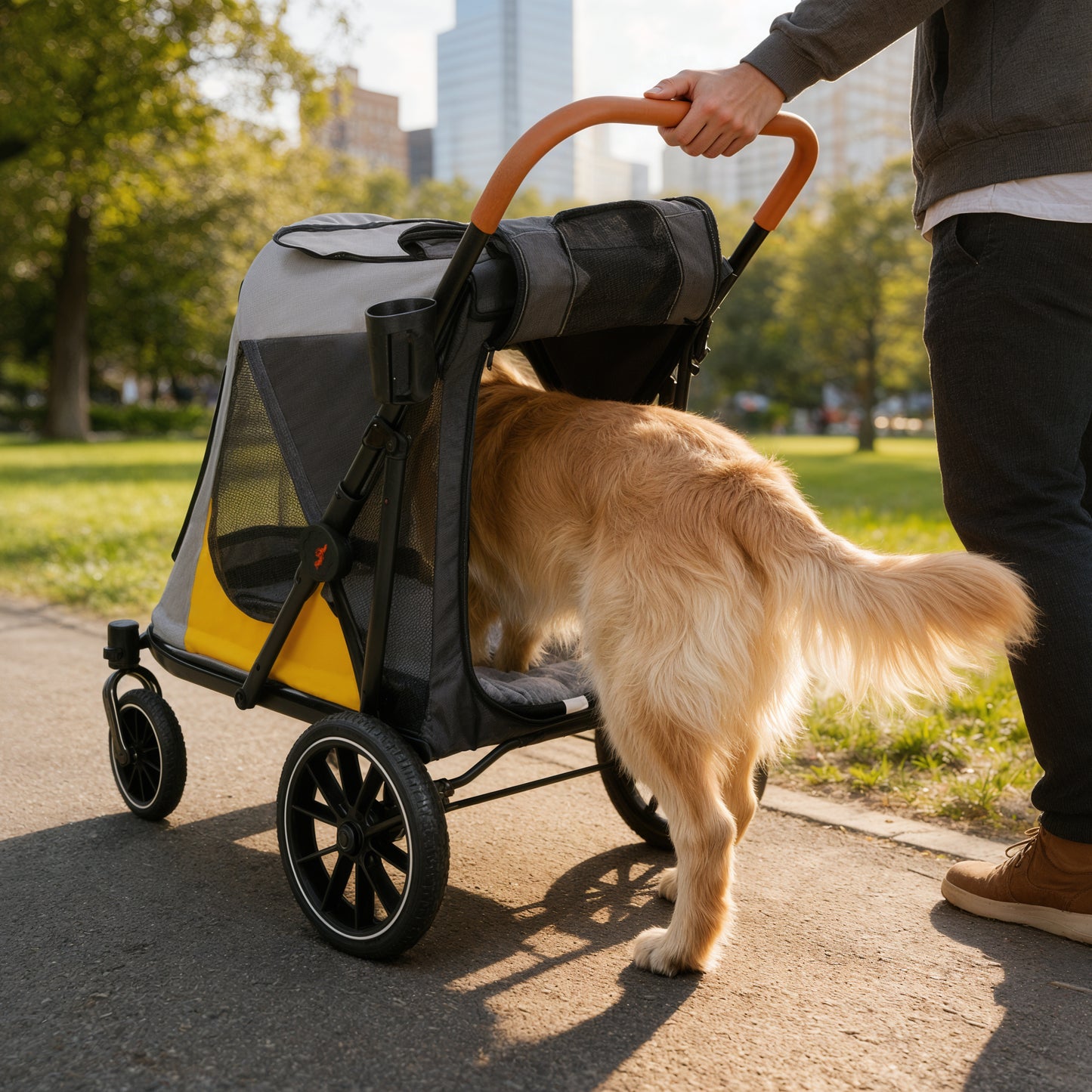 Dog Stroller for Medium Dogs up to 42kg, One Click Folding Pet Stroller with Zipper Door, Breathable Mesh, EVA 360° Wheels, Storage Bag, Brak