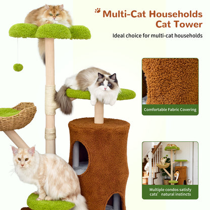 Multi-Level Cat Tower: 55.91-Inch Tall Cat Tower for Indoor Cat, Kitten Play Center with Scratching Posts, Top Perches, Hideaways, Vivid Green