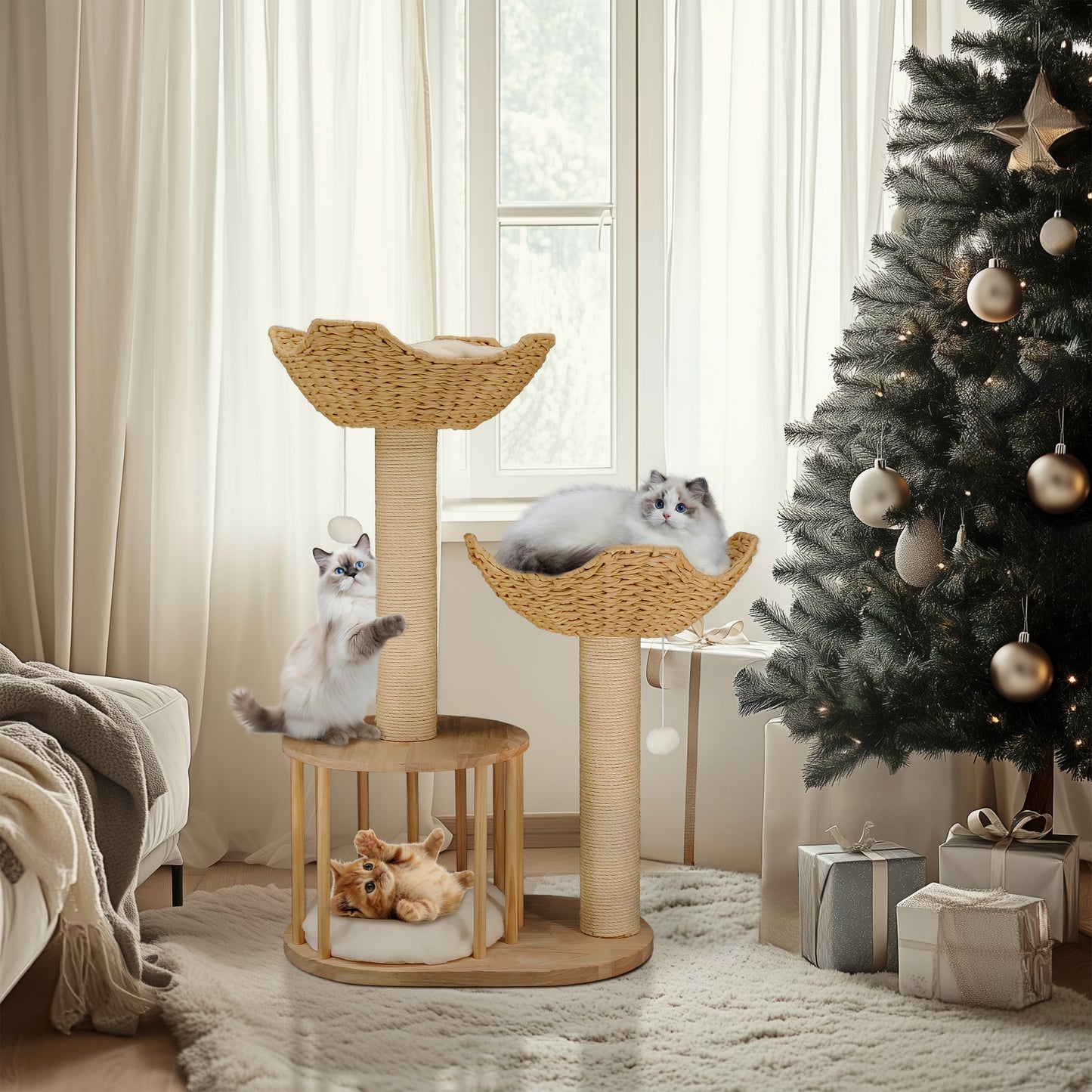 Cat Tower Tree: 3-tier Cat Tree Activity Tower Condo Furniture with Plush Cushion Cozy Rest Dangling Ball Sisal Scratching Post for Indoor Cats