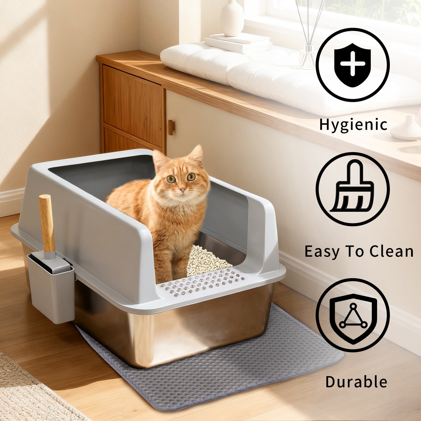 Stainless Steel Cat Litter Box High Sided Open Tray with Litter Mat for Kittens