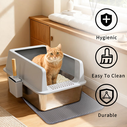 Stainless Steel Cat Litter Box High Sided Open Tray with Litter Mat for Kittens