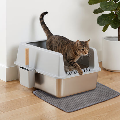 Stainless Steel Cat Litter Box High Sided Open Tray with Litter Mat for Kittens