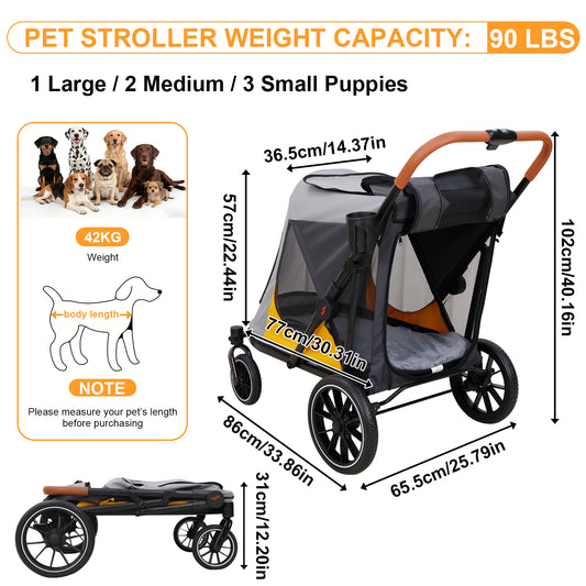 Dog Stroller for Medium Dogs up to 42kg, One Click Folding Pet Stroller with Zipper Door, Breathable Mesh, EVA 360° Wheels, Storage Bag, Brak