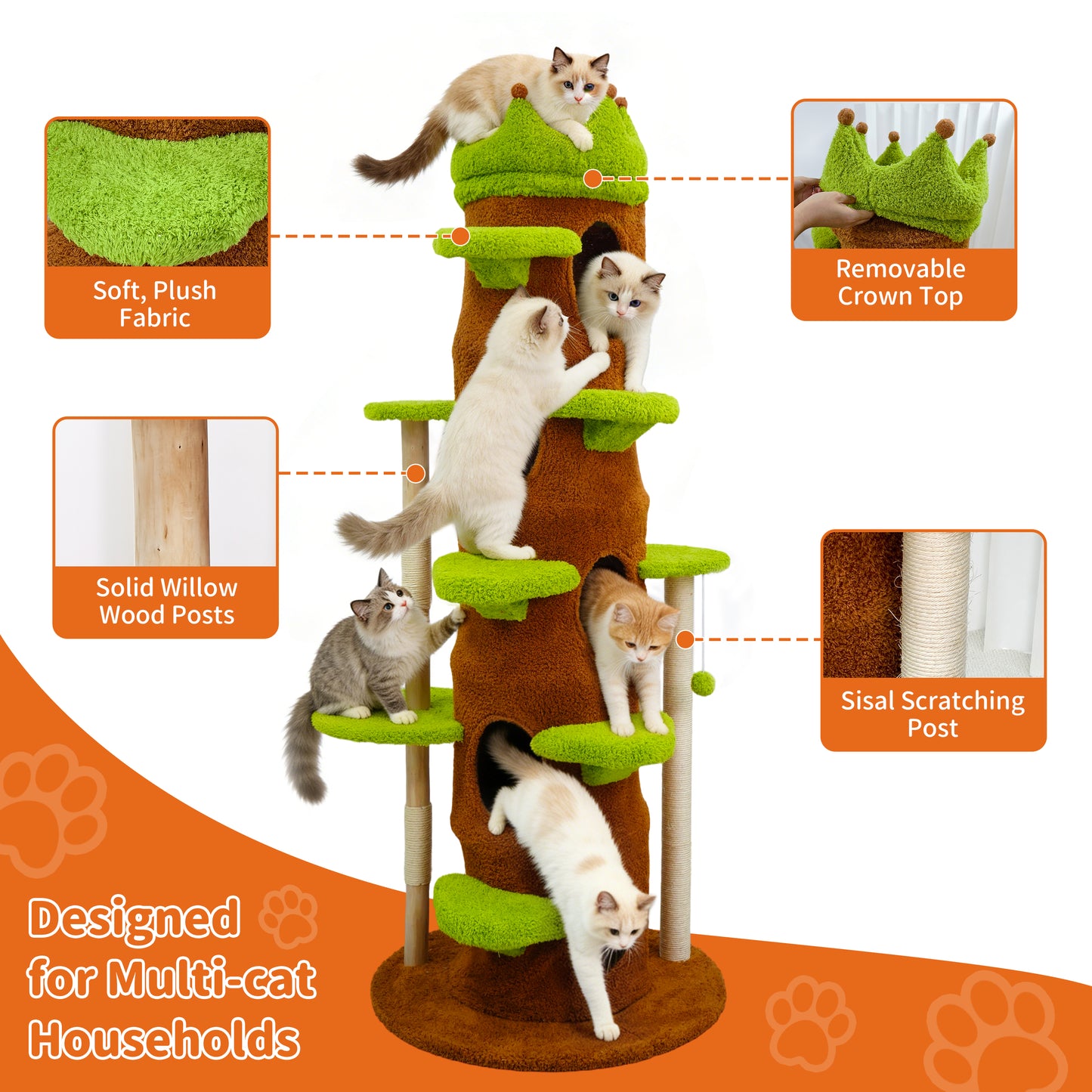 Large Cat Tree 73 Inch Modern Tall Cat Tree Tower, Tree Trunk Cat Condo with Multi-Level Platforms, Wooden Cat Tree for Indoor Multiple Cats and Kittens
