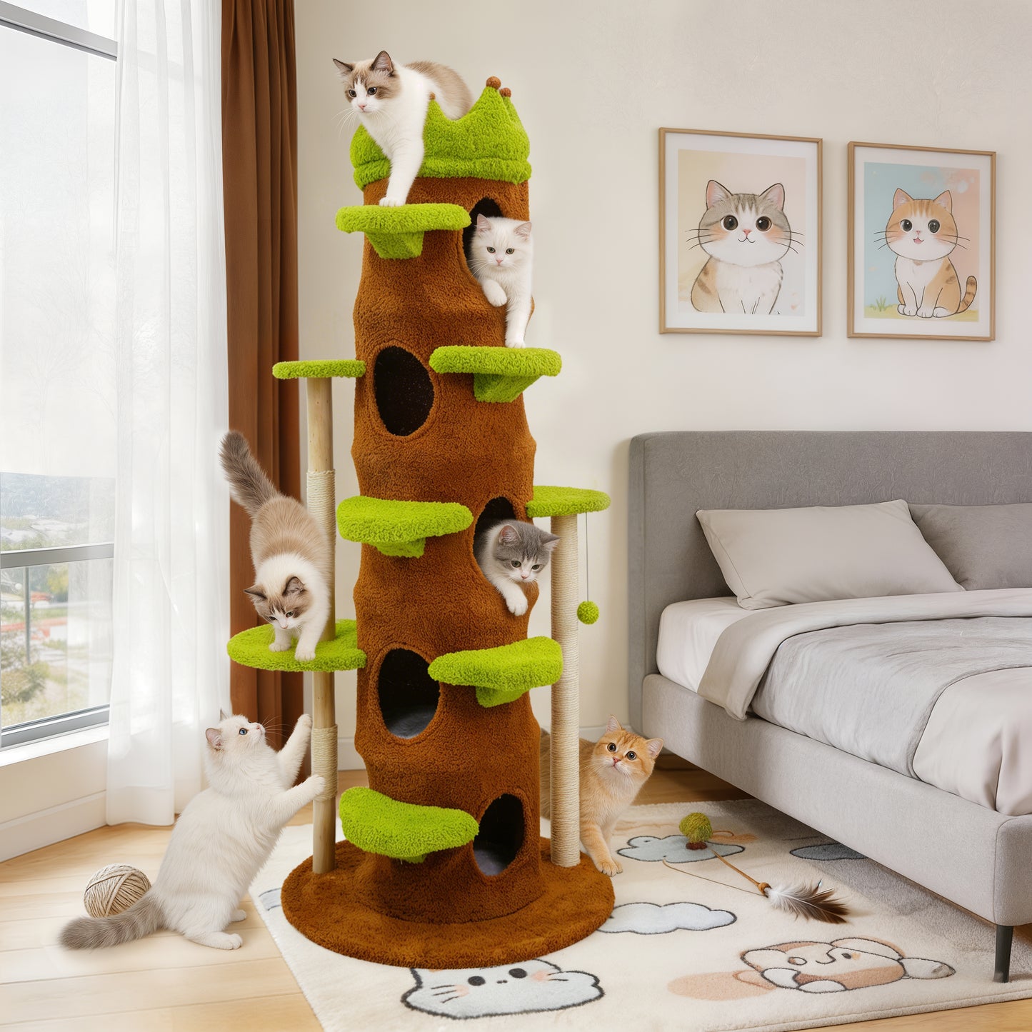 Large Cat Tree 73 Inch Modern Tall Cat Tree Tower, Tree Trunk Cat Condo with Multi-Level Platforms, Wooden Cat Tree for Indoor Multiple Cats and Kittens