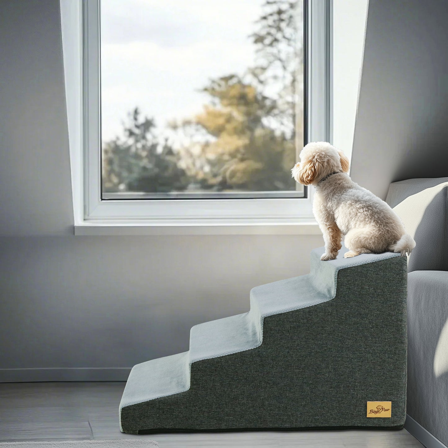 Sponge Dog Stairs for Bed & Sofa, 4 Step Dog Stairs, Dog Bed Steps for High Places, Non-Slip Gray Pet Stairs for Small Dogs