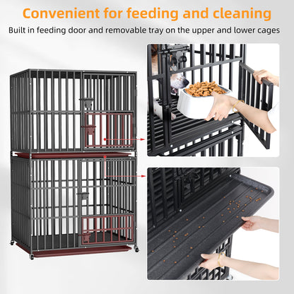 Stackable Dog Cage: Heavy Metal Dog Kennel Square Tube Cage with Double Layers Stackable Pet Crate w/ Casters, Removable Tray, Lock Latch