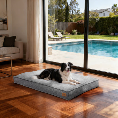 Soft Linen Dog Bed with Removable Washable Cover, Flat Pet Bed Mat for Crate, Shredded Foam Filled Puppy Pad with Non-Slip Bottom