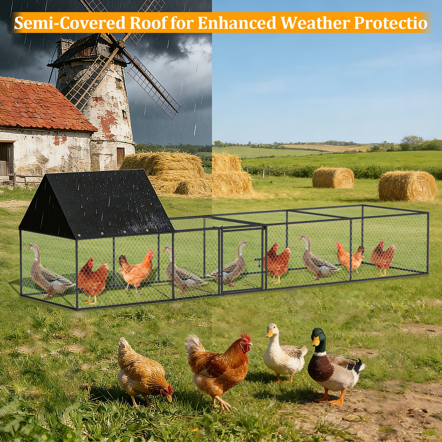 Metal Chicken Coop Outdoor Walk-In Hen House, Small Chicken Cage with Roof Cover, Heavy Duty Poultry Run Pen for Ducks and Quails