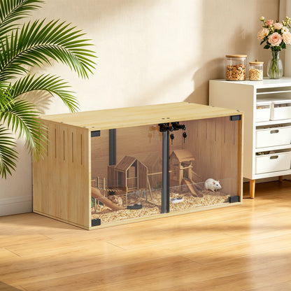 Wooden Pet Cage: Natural Wooden Hamster Guinea Pigs Cage Hedgehogs Enclosure with Tempered Glass Panels, Built-in LED Light, for Small Pets