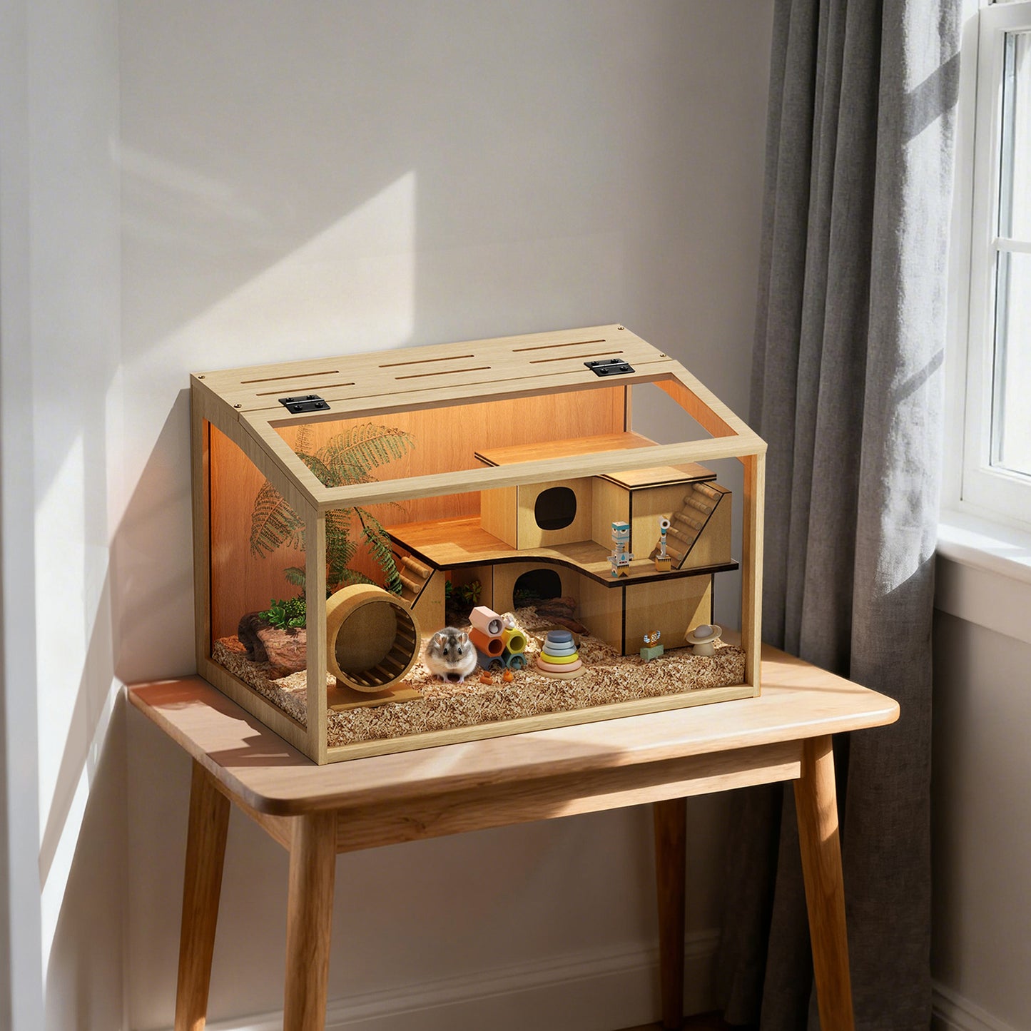 Chew-proof Hamster Cage: Indoor Wooden Hamster Cage with Clear Tempered Glass Panel, Built-in Light, Tabletop Hamsters Habitat Enclosure for Pets