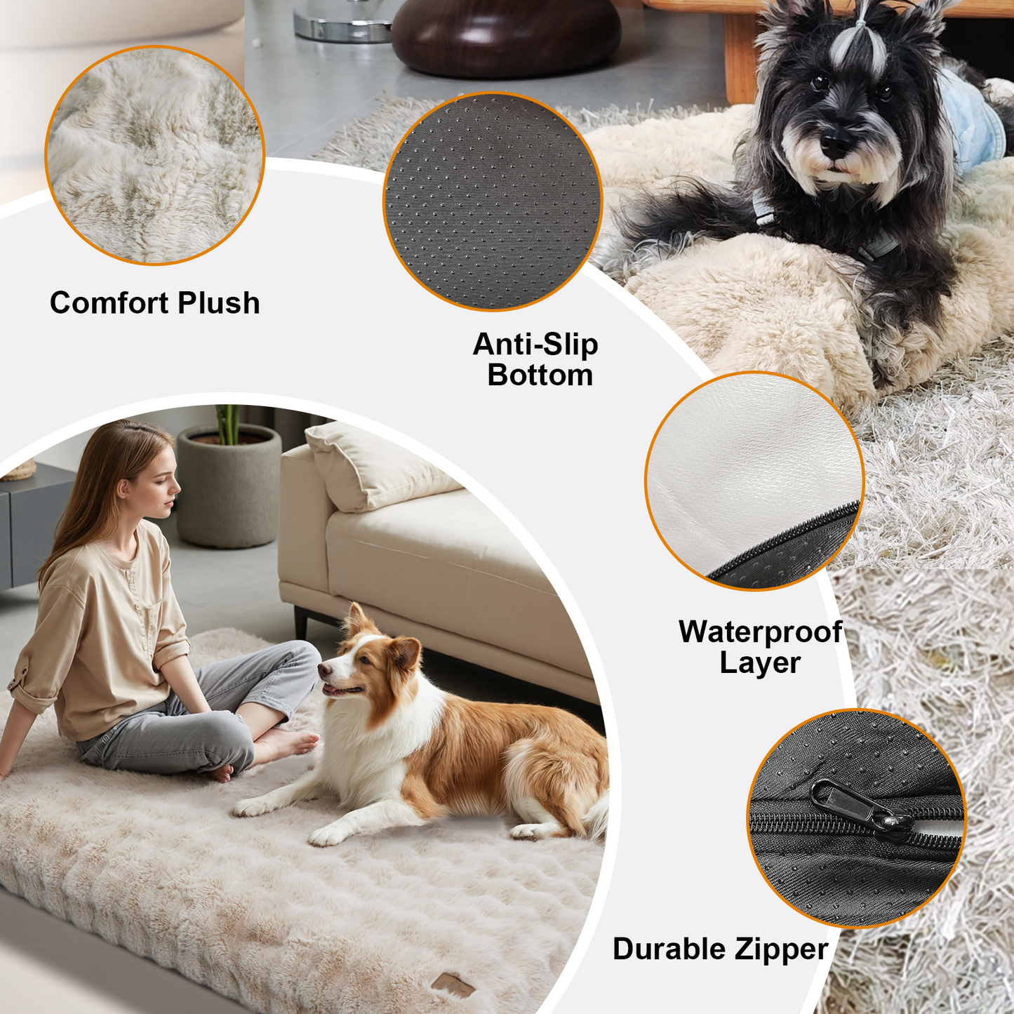 2025 Fluffy Dog Cat Bed: Deluxe Plush Dog Bed with Supportive Base Comfort Pet Sleeping Mat Crate Bed with Removable Cover for Different Sizes Dogs Breeds