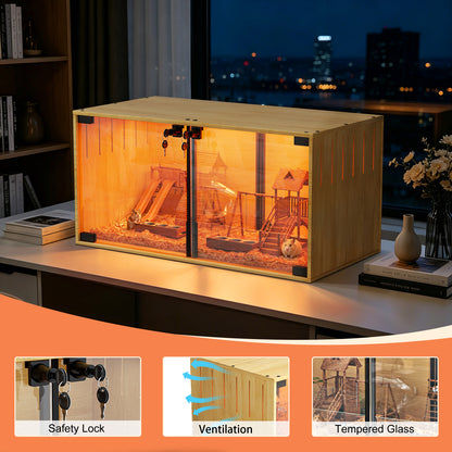 Wooden Pet Cage: Natural Wooden Hamster Guinea Pigs Cage Hedgehogs Enclosure with Tempered Glass Panels, Built-in LED Light, for Small Pets