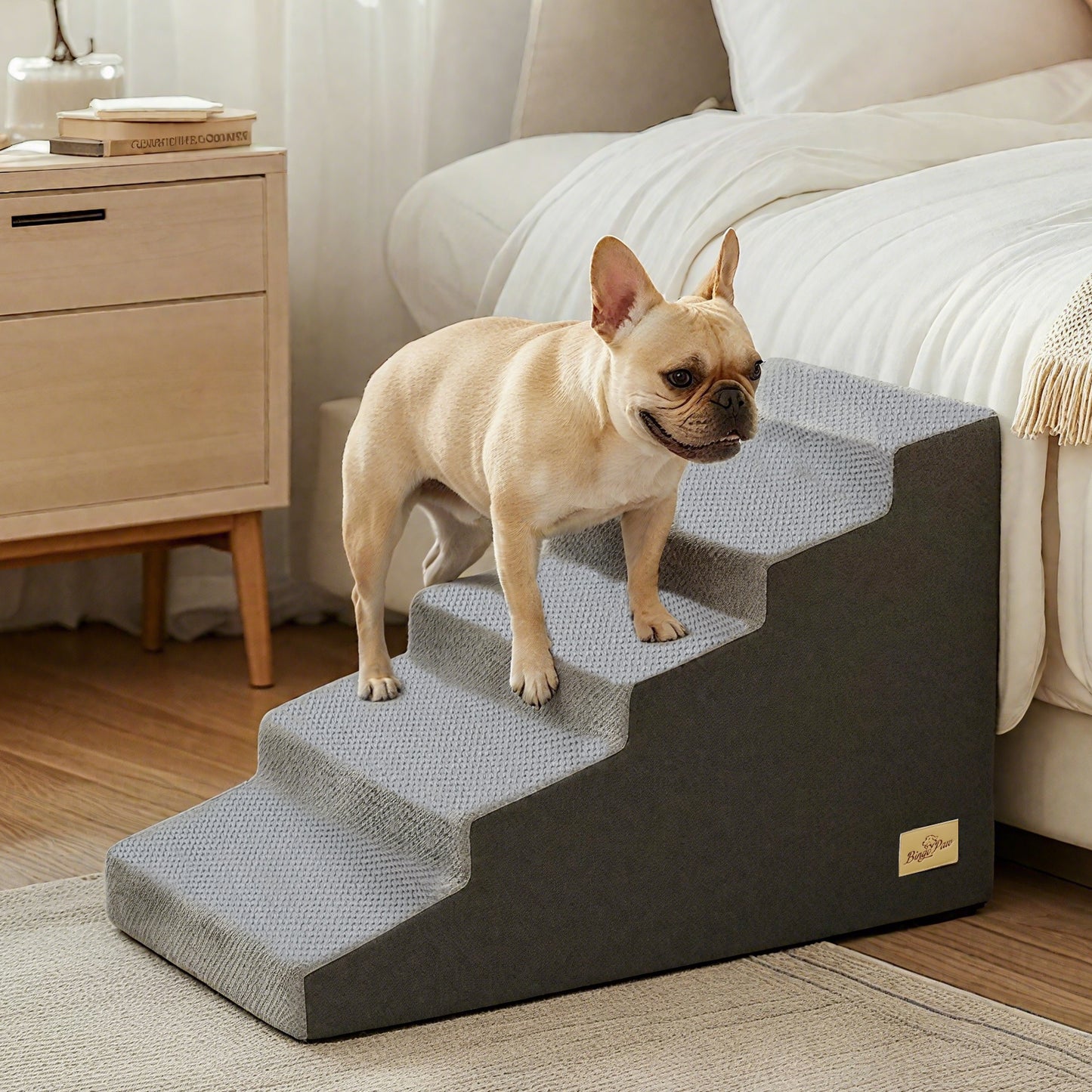 Sponge Dog Stairs for Bed & Sofa, 4 Step Dog Stairs, Dog Bed Steps for High Places, Non-Slip Gray Pet Stairs for Small Dogs