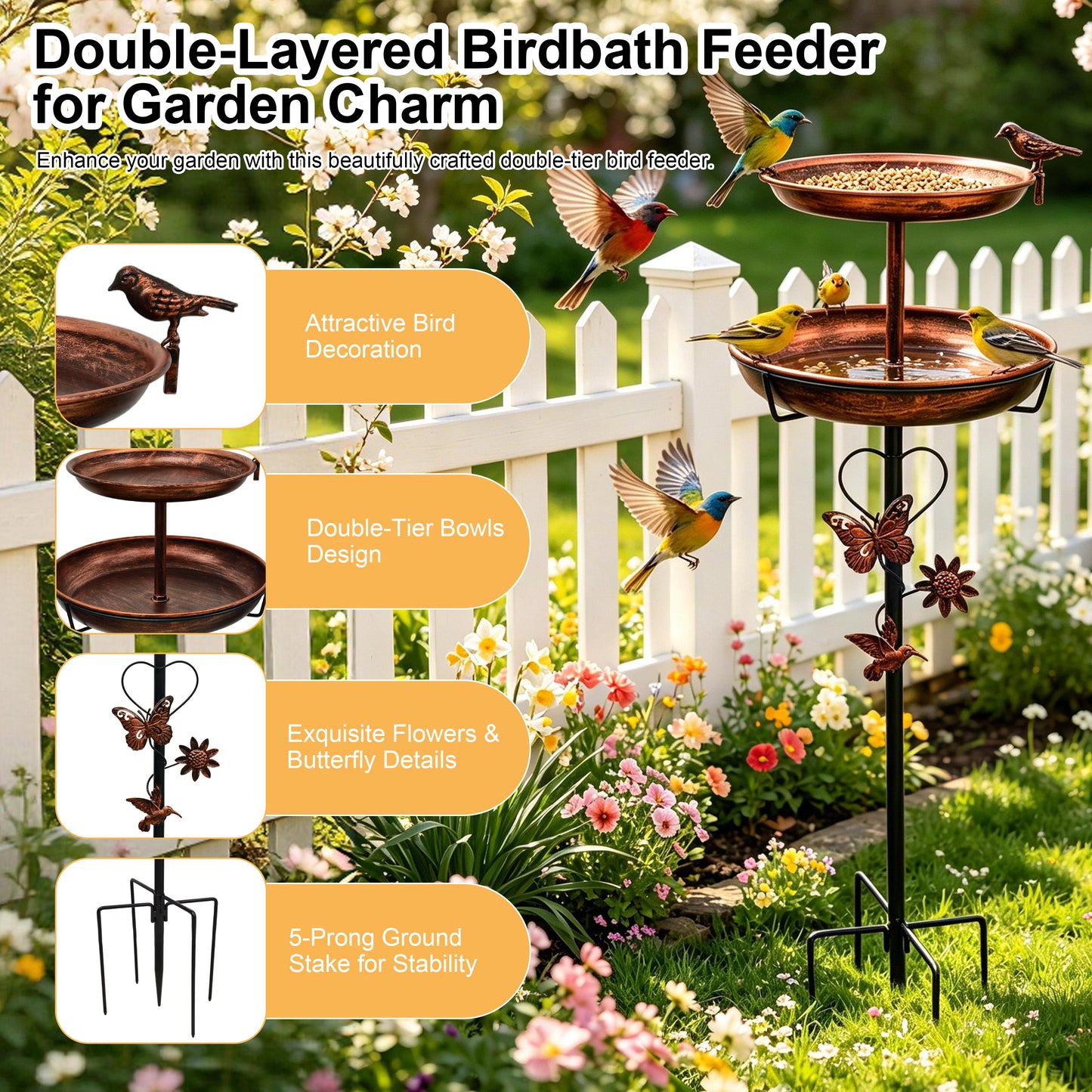 2 Tier Outdoor Bird Bath and Feeder, Decorative Standing Bird Bath for Outside Yard, Heavy Duty Garden Bird Feeder Station, Aged Bronze